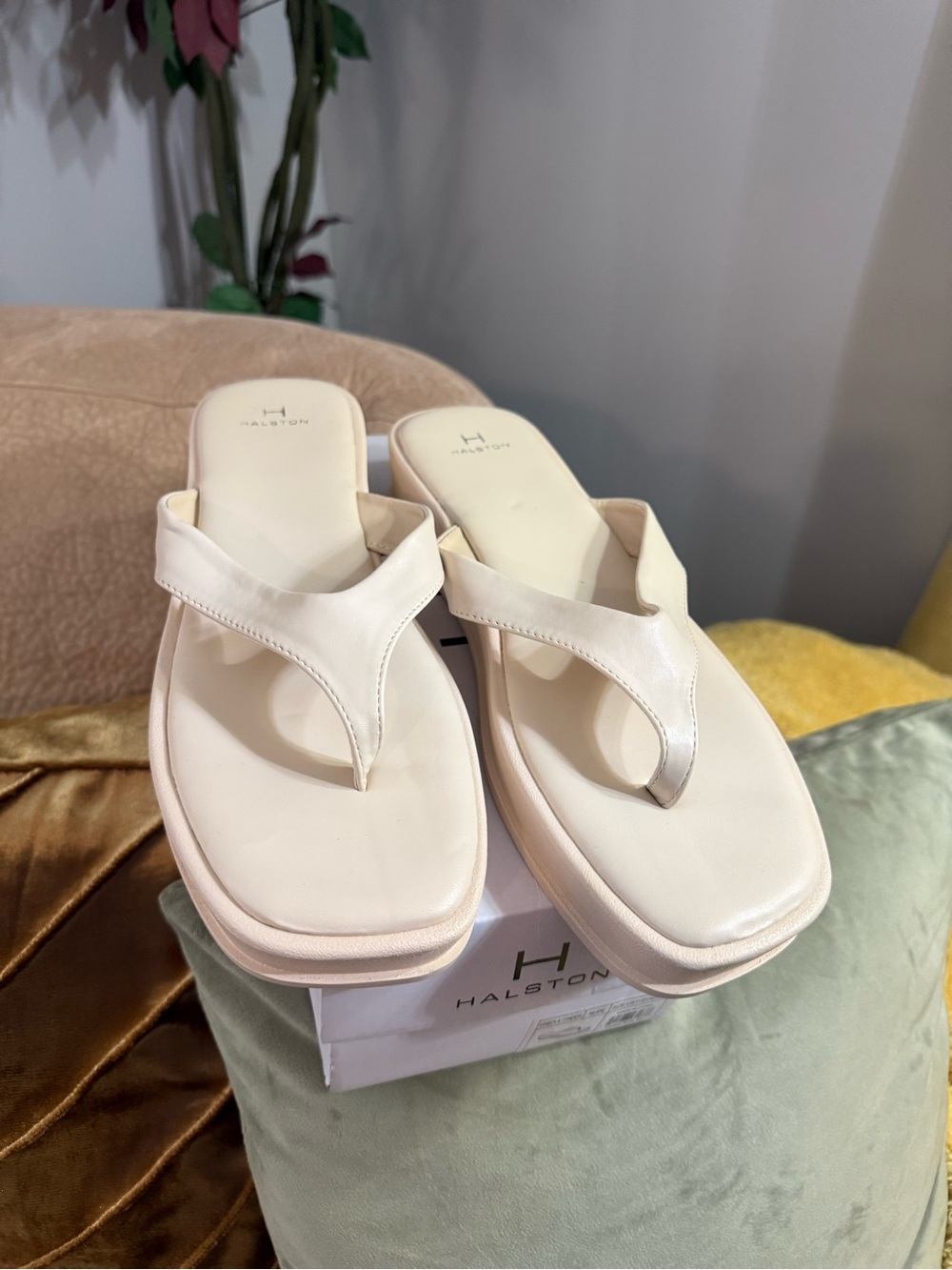 Halston Heritage Cream Platform Thong Sandals